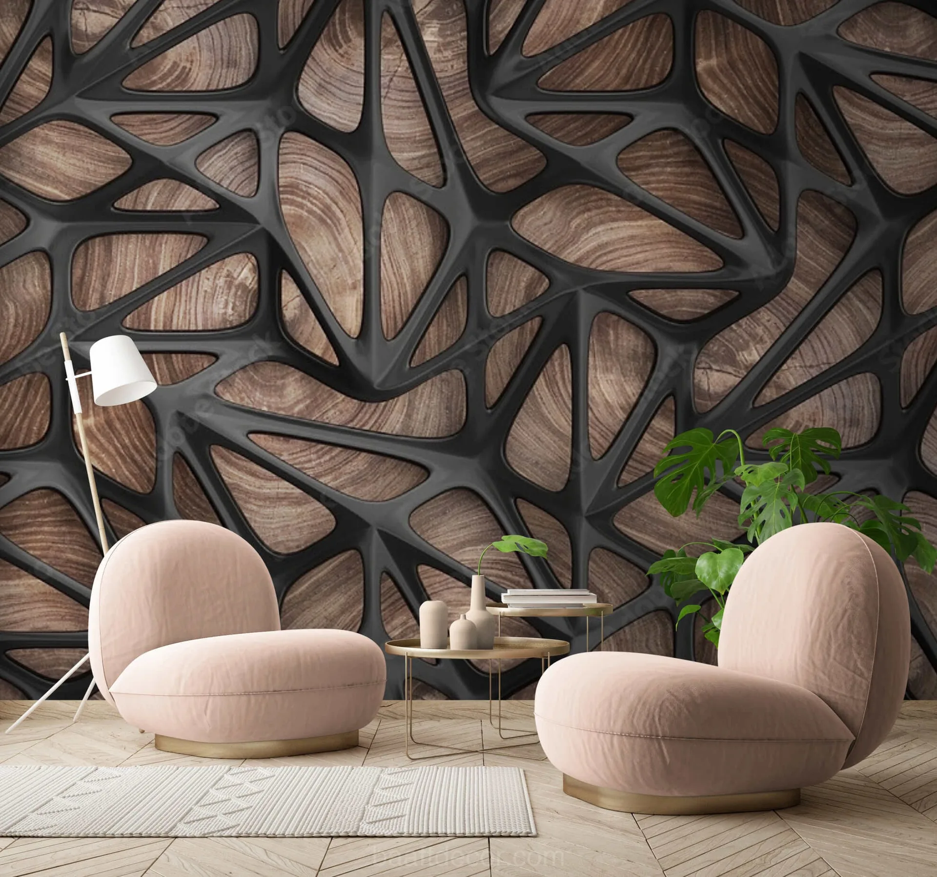 a modern living room with a wooden wall and pink chairs - Baaft Decor Wallpaper